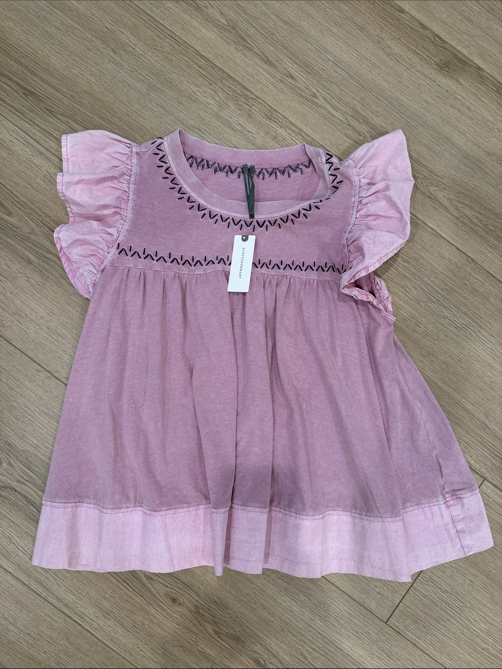 Anthropologie Pink Flutter Sleeve Embroidered Tunic Top